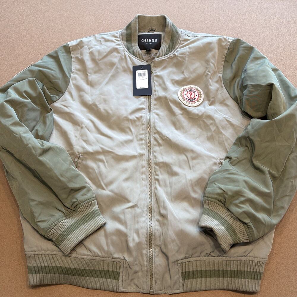 Guess Jacket Men's Medium Jackson Varsity Bomber Olive Full Zip Logo Patch NWT